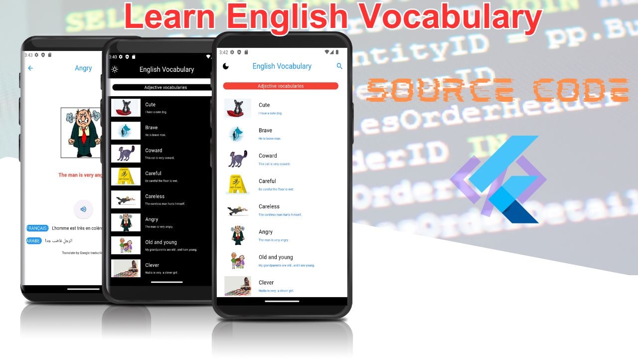 Flutter educational app source code for Android showcasing vocabulary learning interface