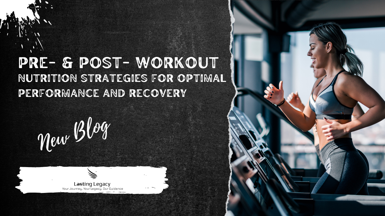 A variety of healthy pre- and post-workout foods including whole grain toast with peanut butter, a berry smoothie, grilled chicken with quinoa and vegetables, and a protein shake with a banana