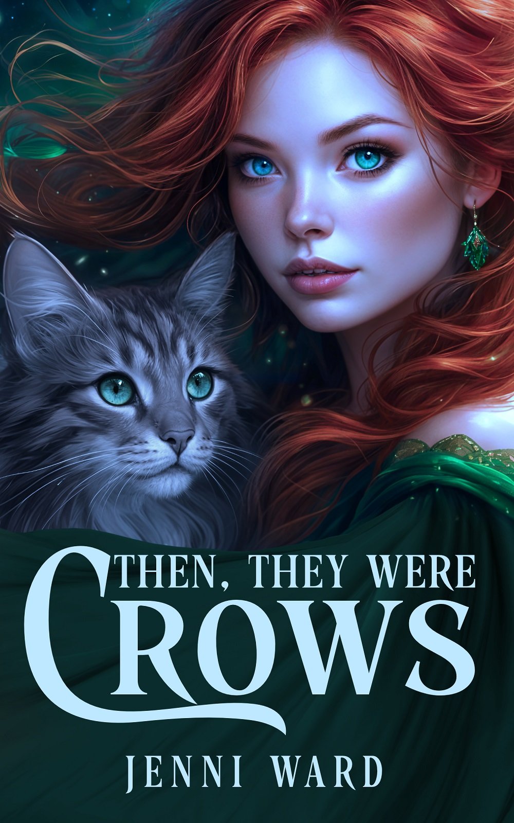 young woman with flowing red hair looking at the reader with a grey tabby cat beside her