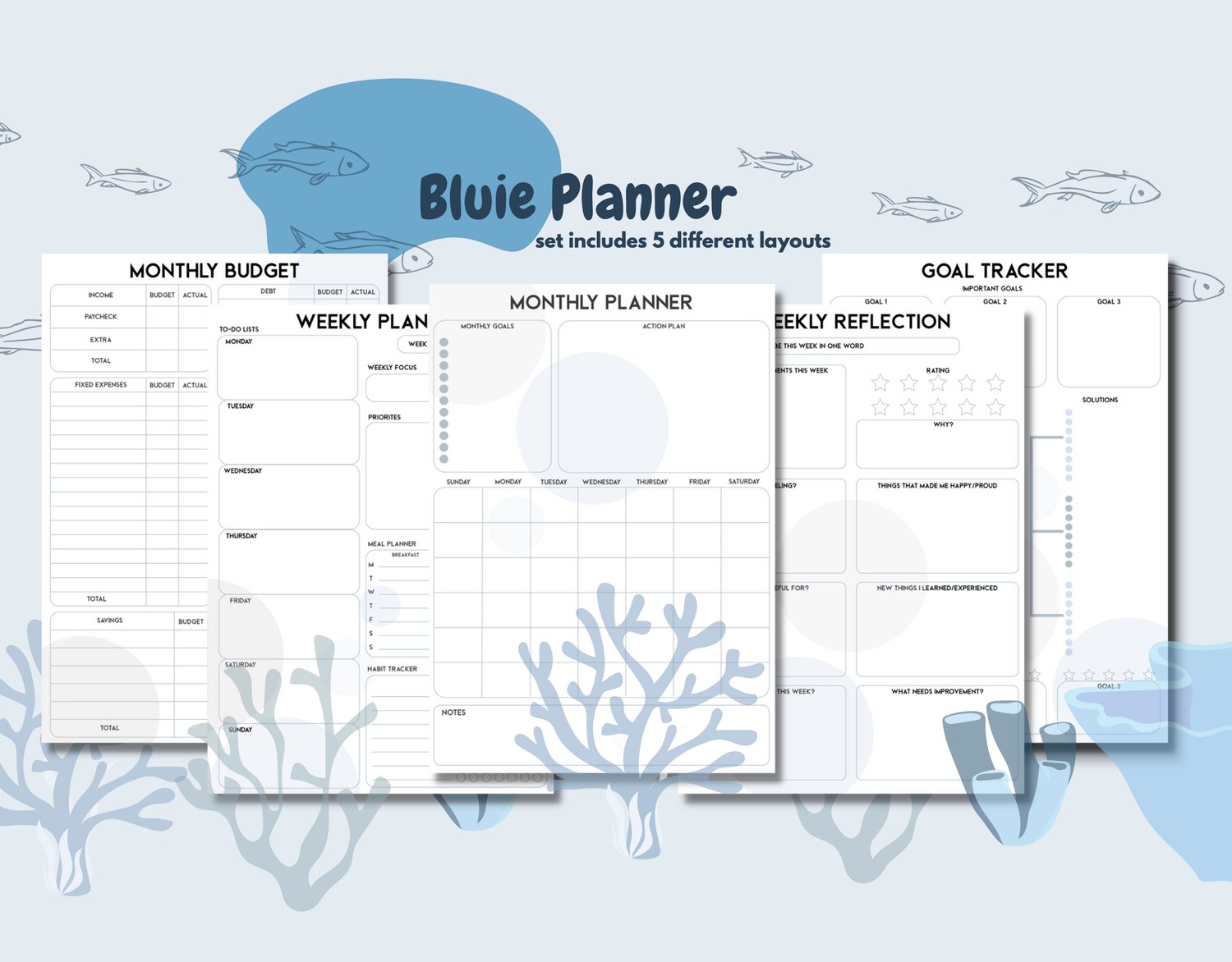 monthly planner, weekly reflection, goal tracker