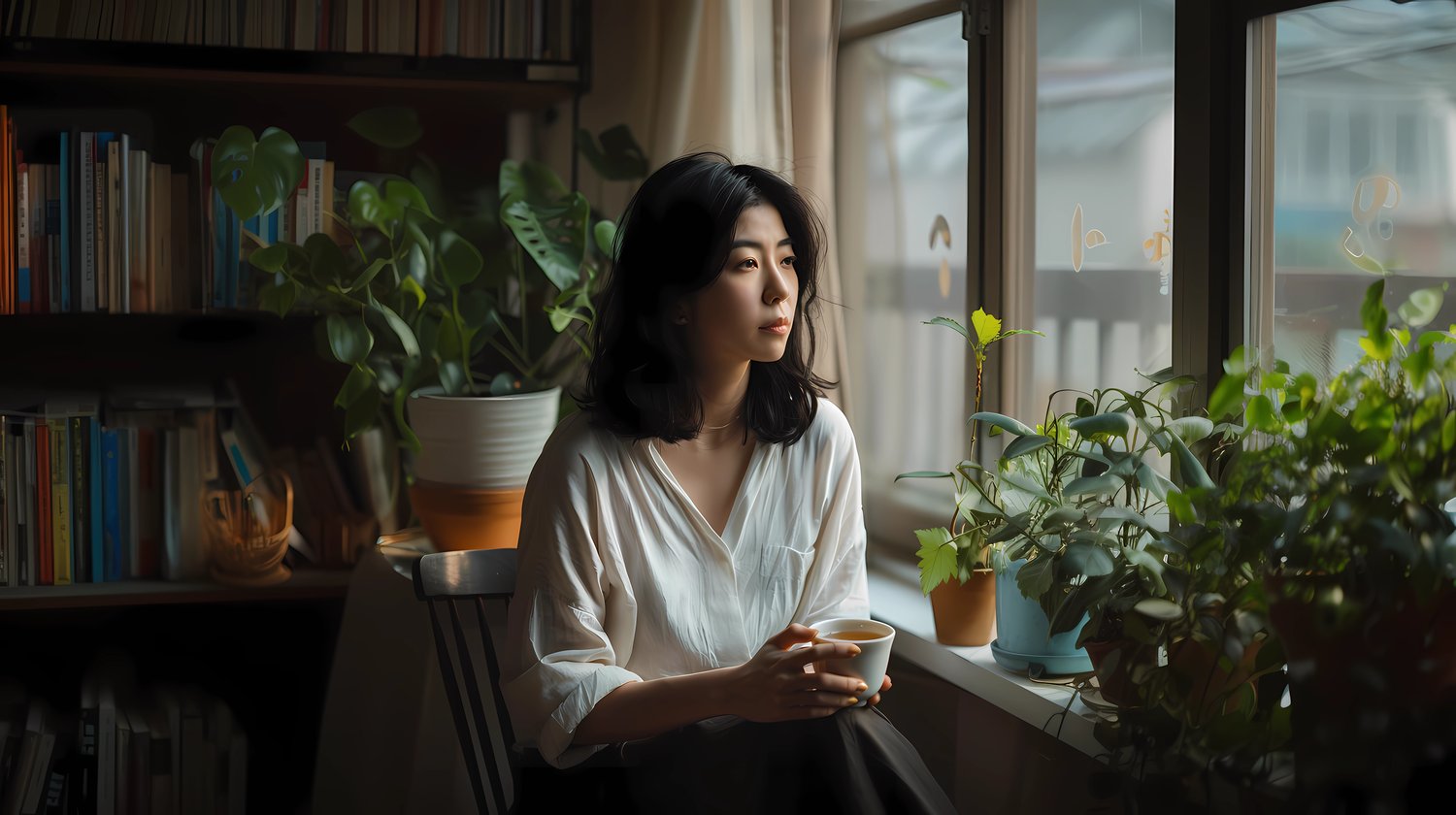 a person sitting by a window, holding a cup of tea