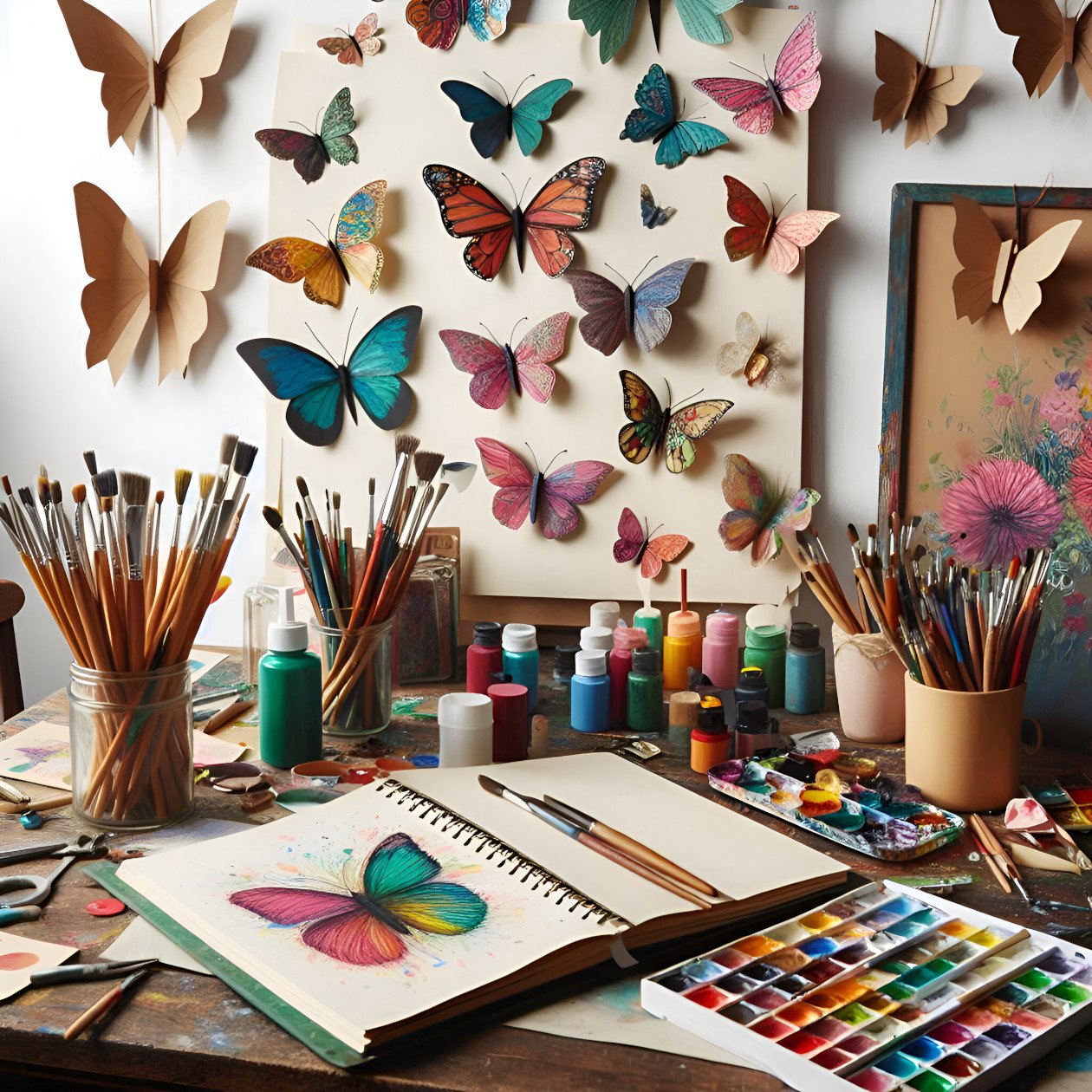 An Artist Work Table with Butterfly Art and Crafts
