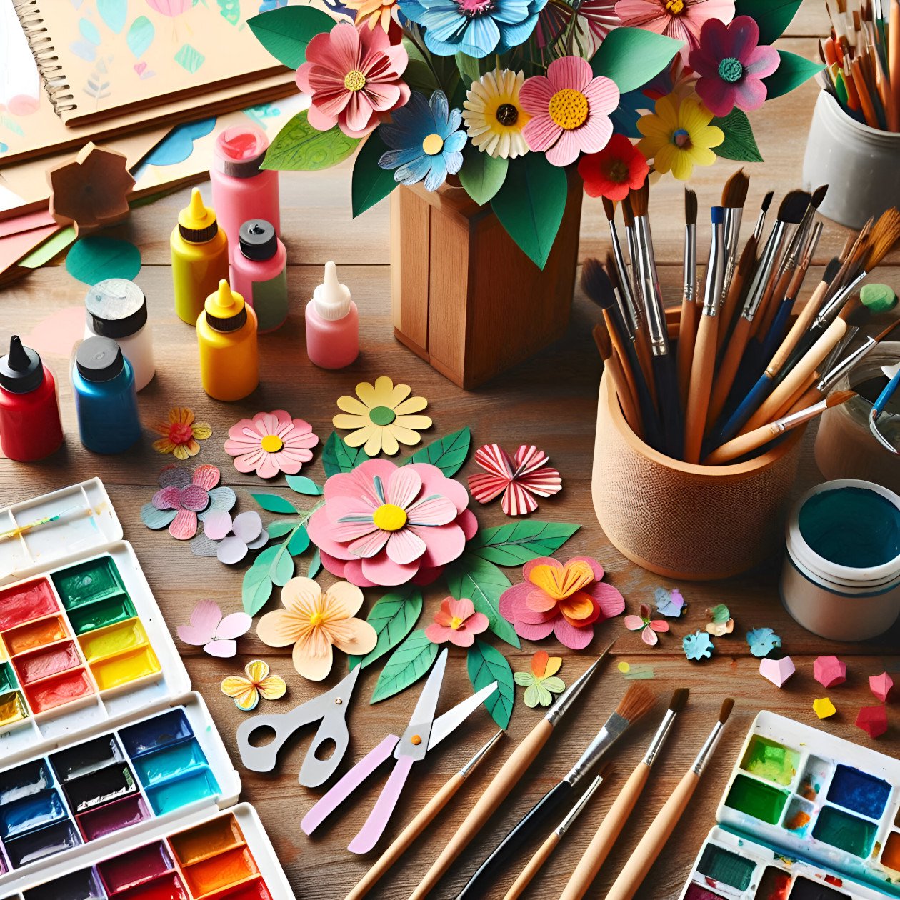 An Artist work table with flower art and crafts