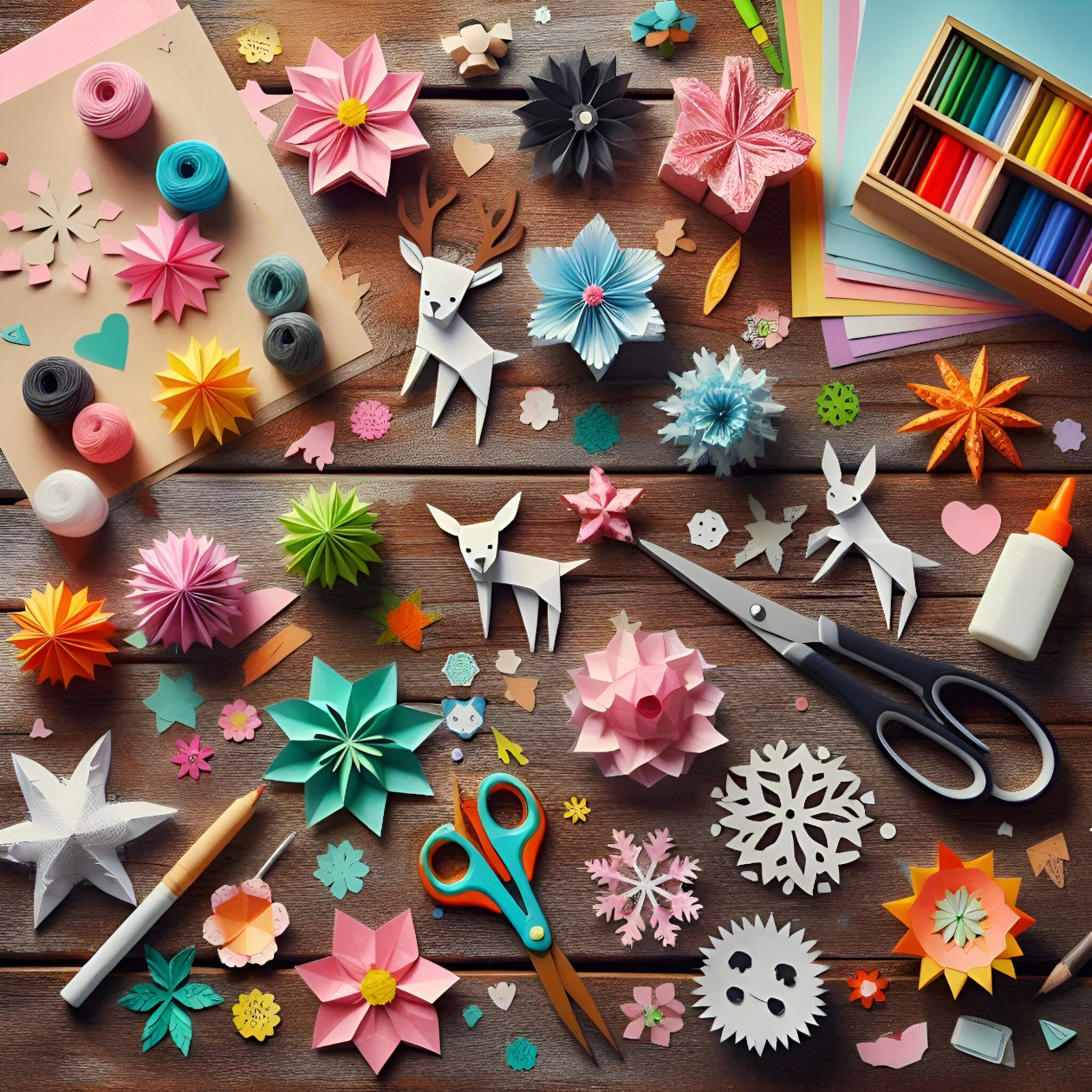 Artist Table with colorful paper crafts