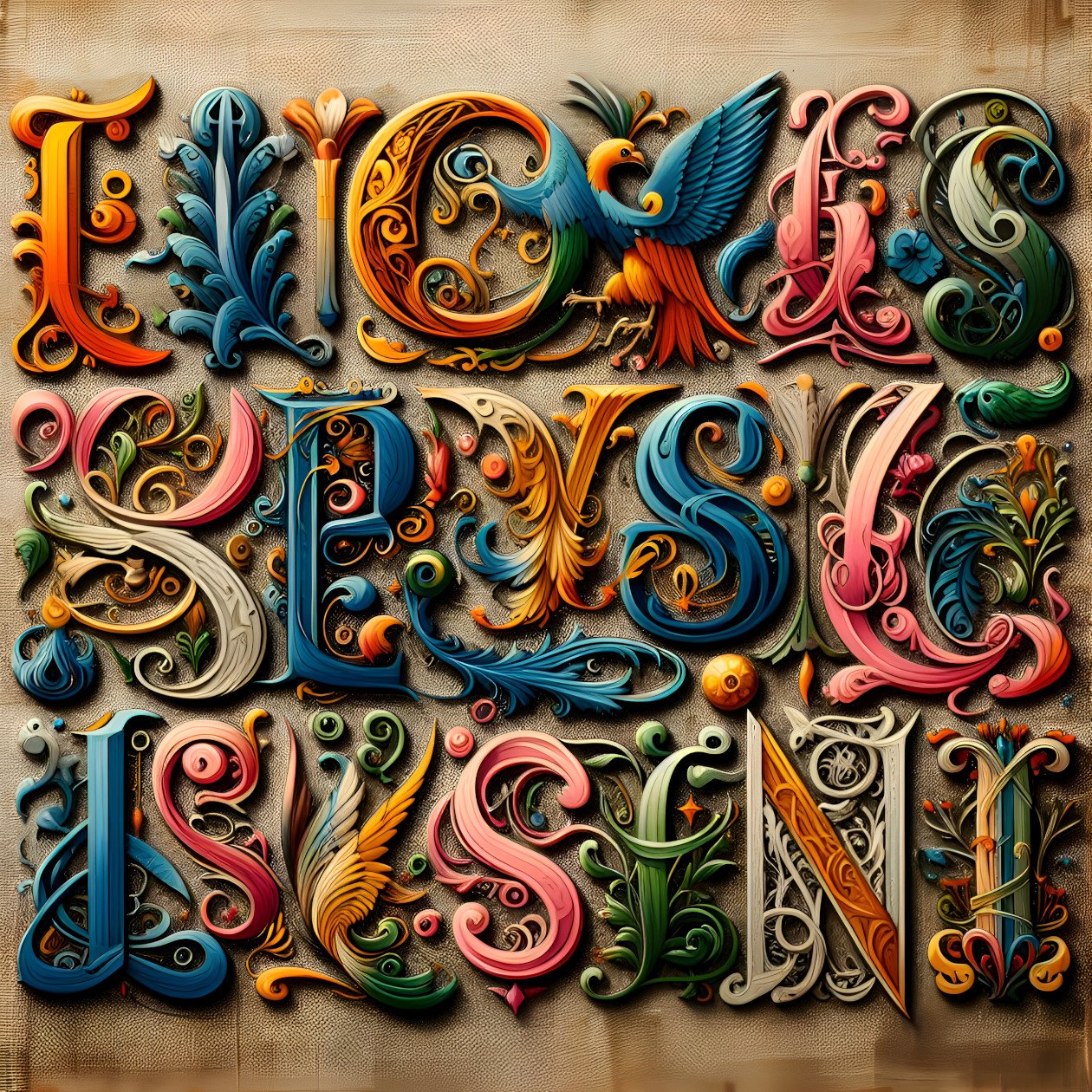 Decorative Calligraphy Handcrafted letters on antique paper