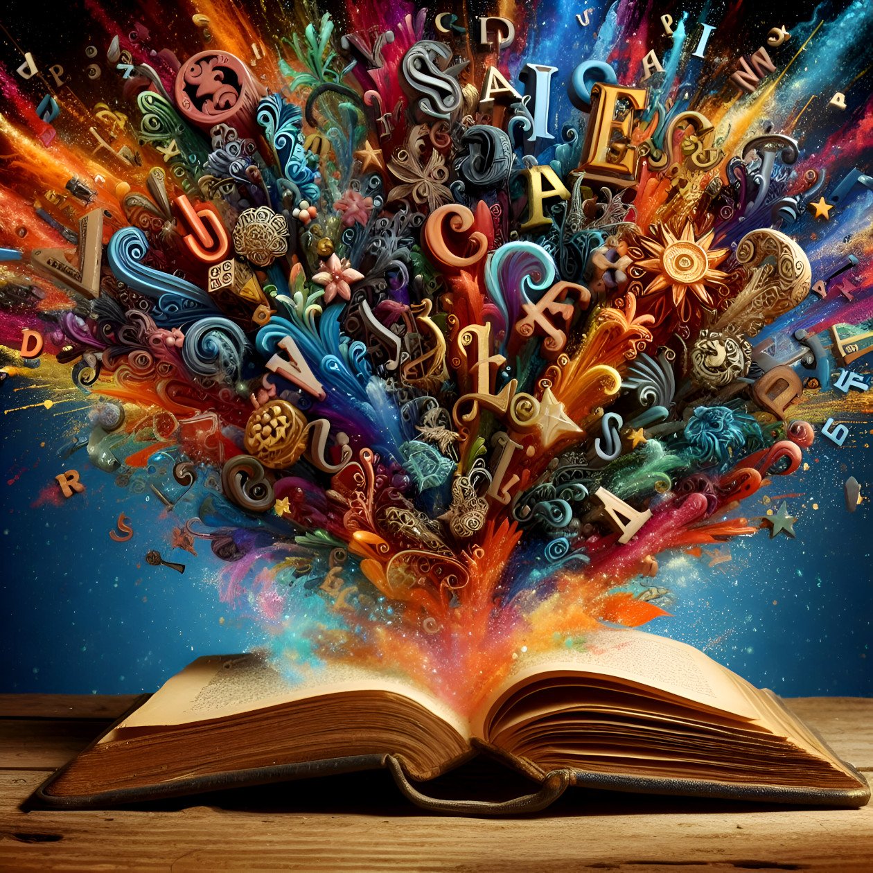 Colourful AlphabetLetters exploding from an old antique open book