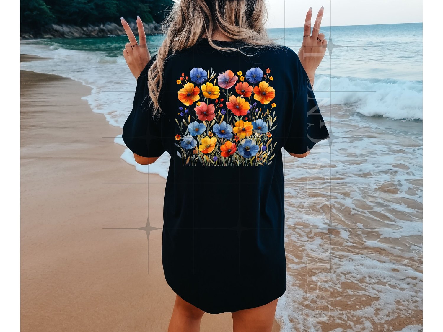 Orange & Blue Women's black tshirt with Cottagecore Png Transparent Flowers