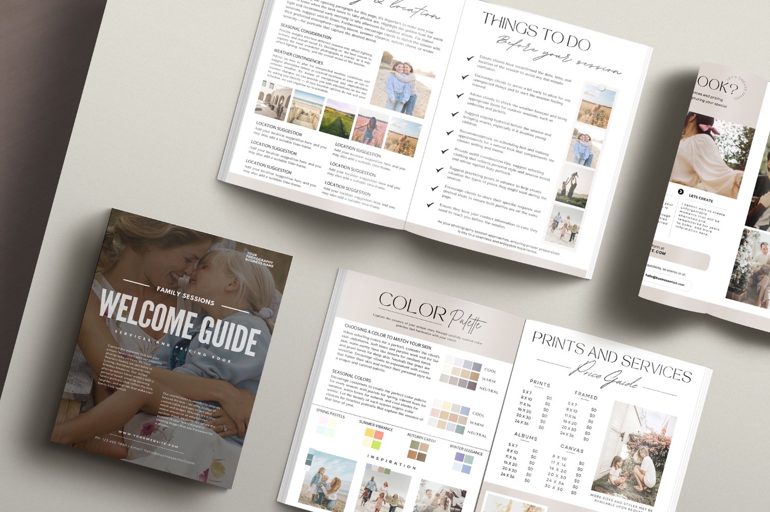 Photography Welcome Guide, Family Photography session, Photographer Pricing Template, Client guide for photographers,  Family Session, pricing and services, pricelist, magazine, family photography book, photography canva templates for photographer busines