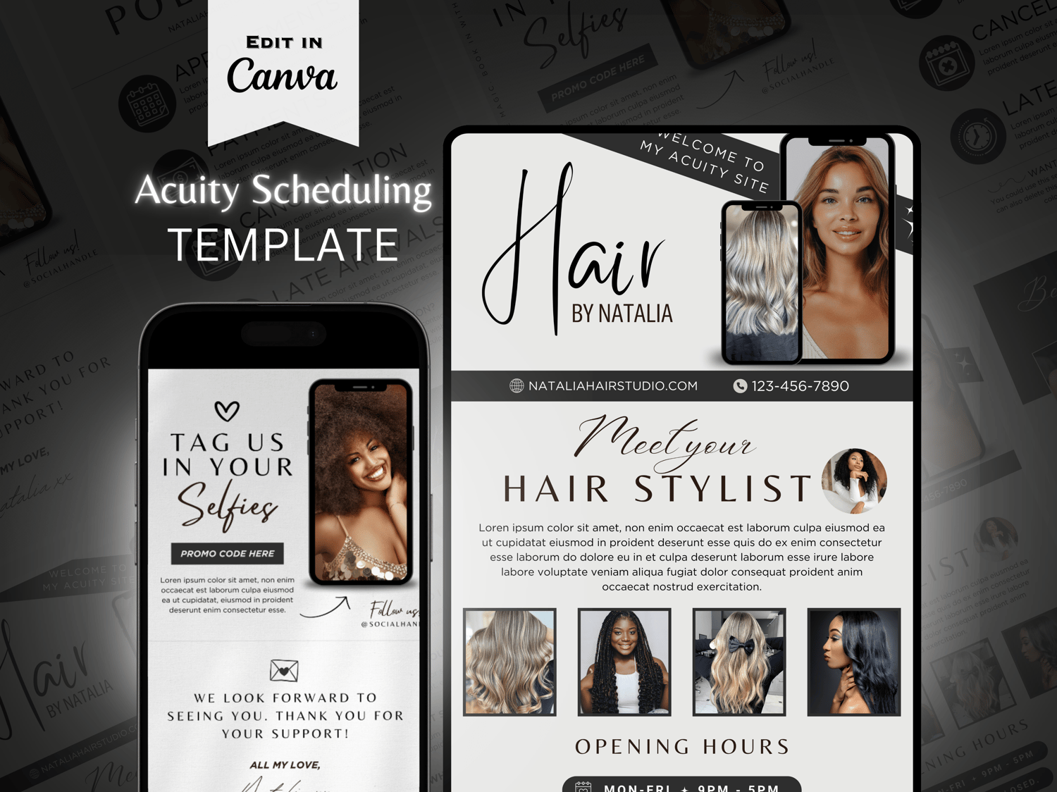 Acuity scheduling template for hair stylists digital download template with black aesthetic theme, acuity scheduling canva template black aesthetic for hair stylists, Canva acuity template for beauty professionals