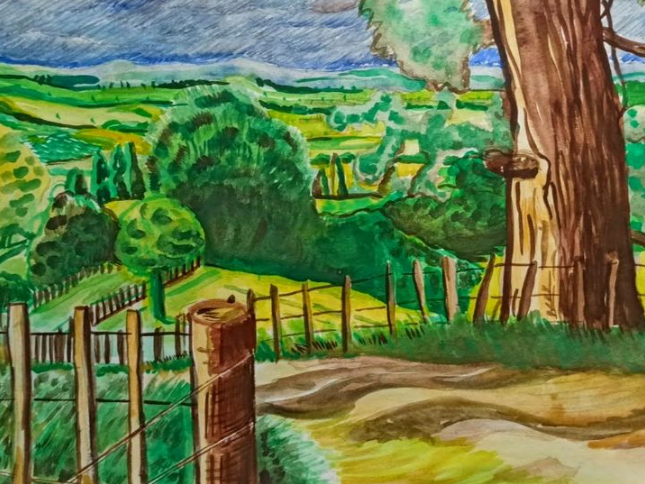 Dirt country road. Water-colour painting by New Zealand artist Darren Burch
