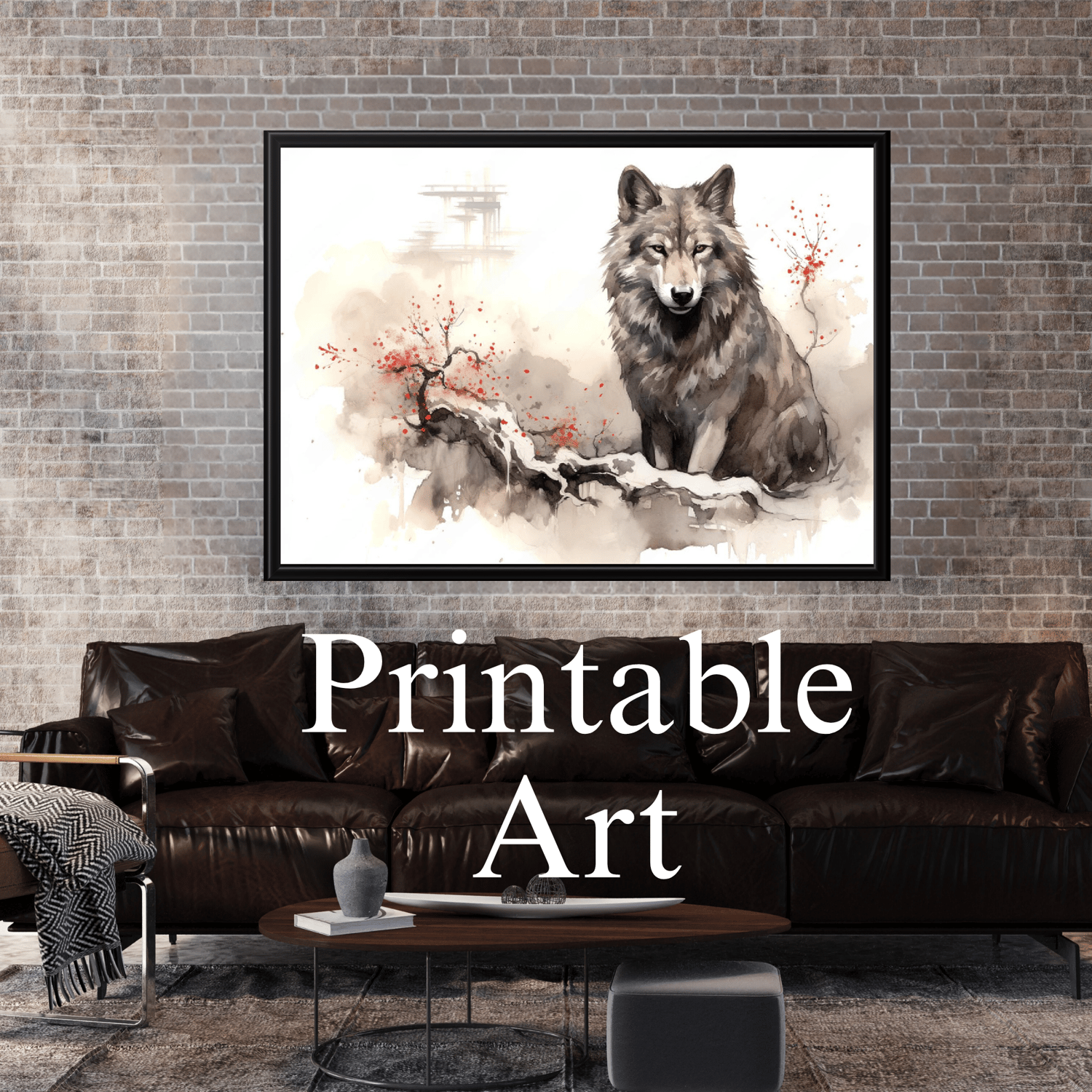 Wolf and Cherry Blossom Watercolor Printable Art