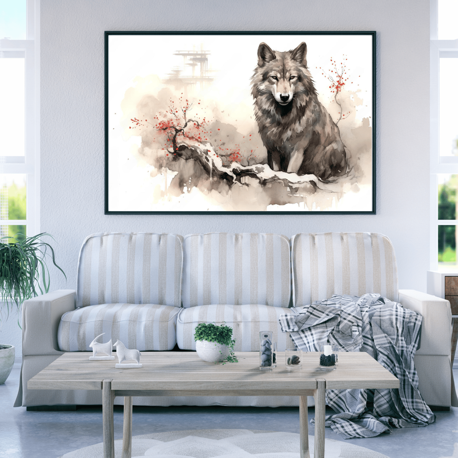 Wolf and Cherry Blossom Watercolor Printable Art
