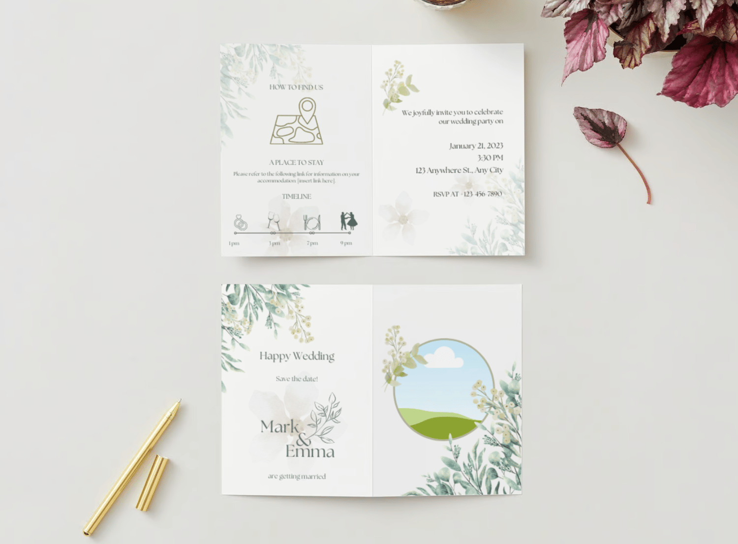 Fresh Elegance Invitation | Customizable Canva Template | Digital Download. Mock Outside and Inside