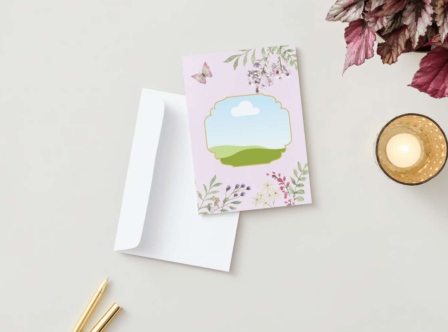 Watercolour Floral Folded Card Portrait | Customizable Canva Template | Digital. Mock outside front with envelope