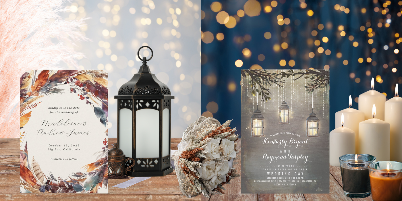 Decorate your weddings with feathers, lanterna, small sparkling lights, candles and tried flowers.
