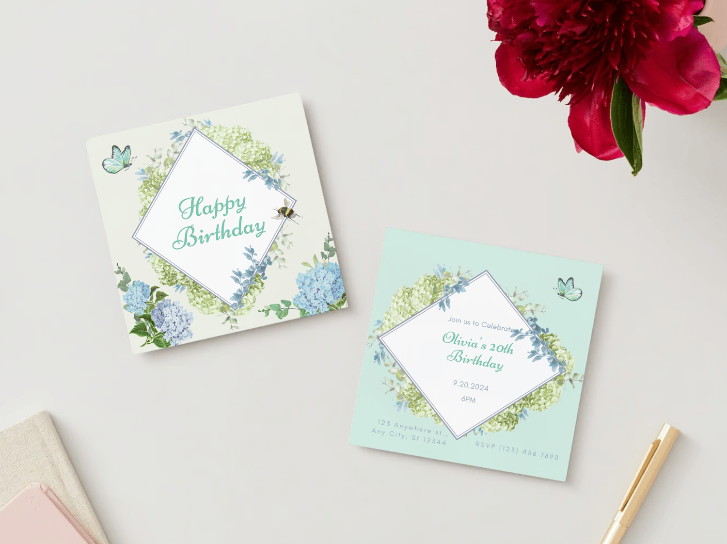 Elegant Butterfly Floral Design Special Occasions Bundle - 10 Editable Canva Templates for Weddings, Engagements, and More. Mock invitation