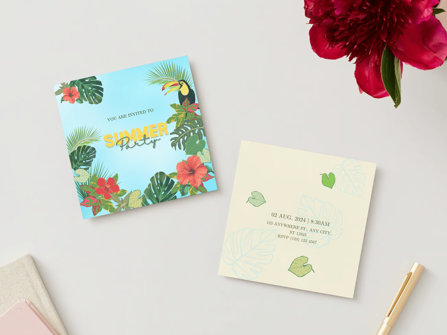 Vibrant Tropical Paradise Design Special Occasions Bundle - 10 Editable Canva Templates for Weddings, Engagements, and More. Mock invitation