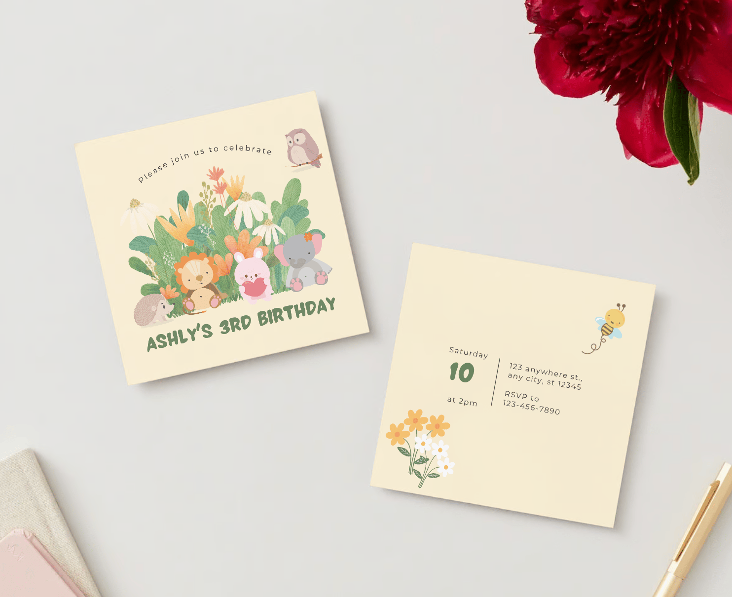 Adorable Animal Pastel Color Special Occasions Bundle - 10 Editable Canva Templates for Weddings, Engagements, and More. Mock invitation