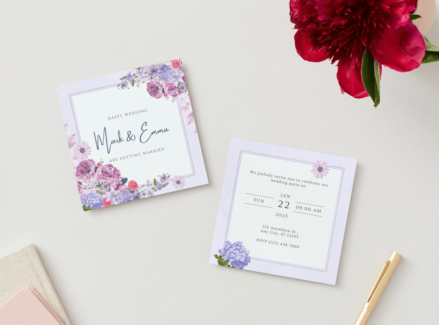 Purple Full Bloom Floral Special Occasions Bundle - 10 Editable Canva Templates for Weddings, Engagements, and More. Mock invitation