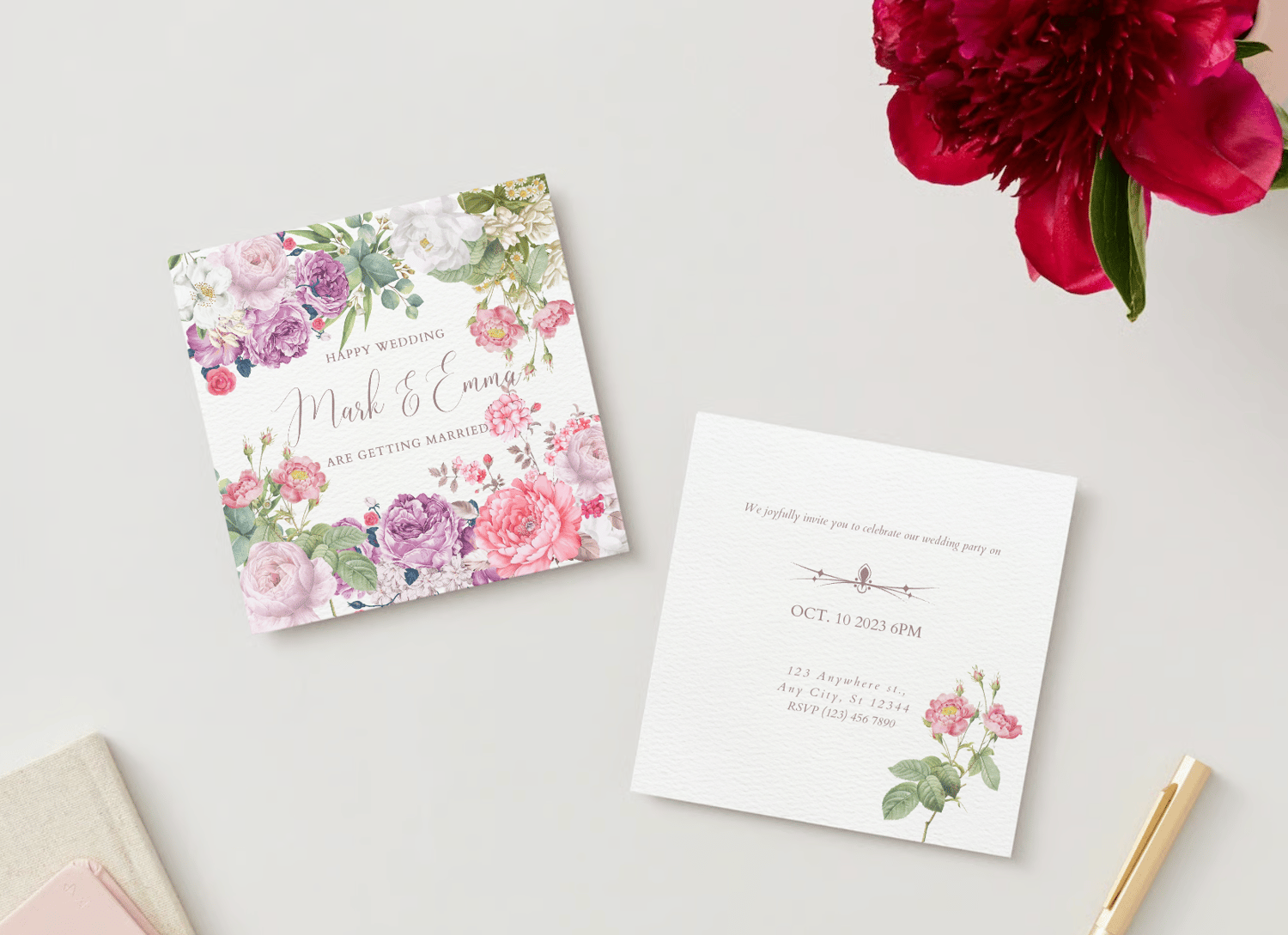 Lush Floral Special Occasions Bundle - 10 Editable Canva Templates for Weddings, Engagements, and More. Mock invitation