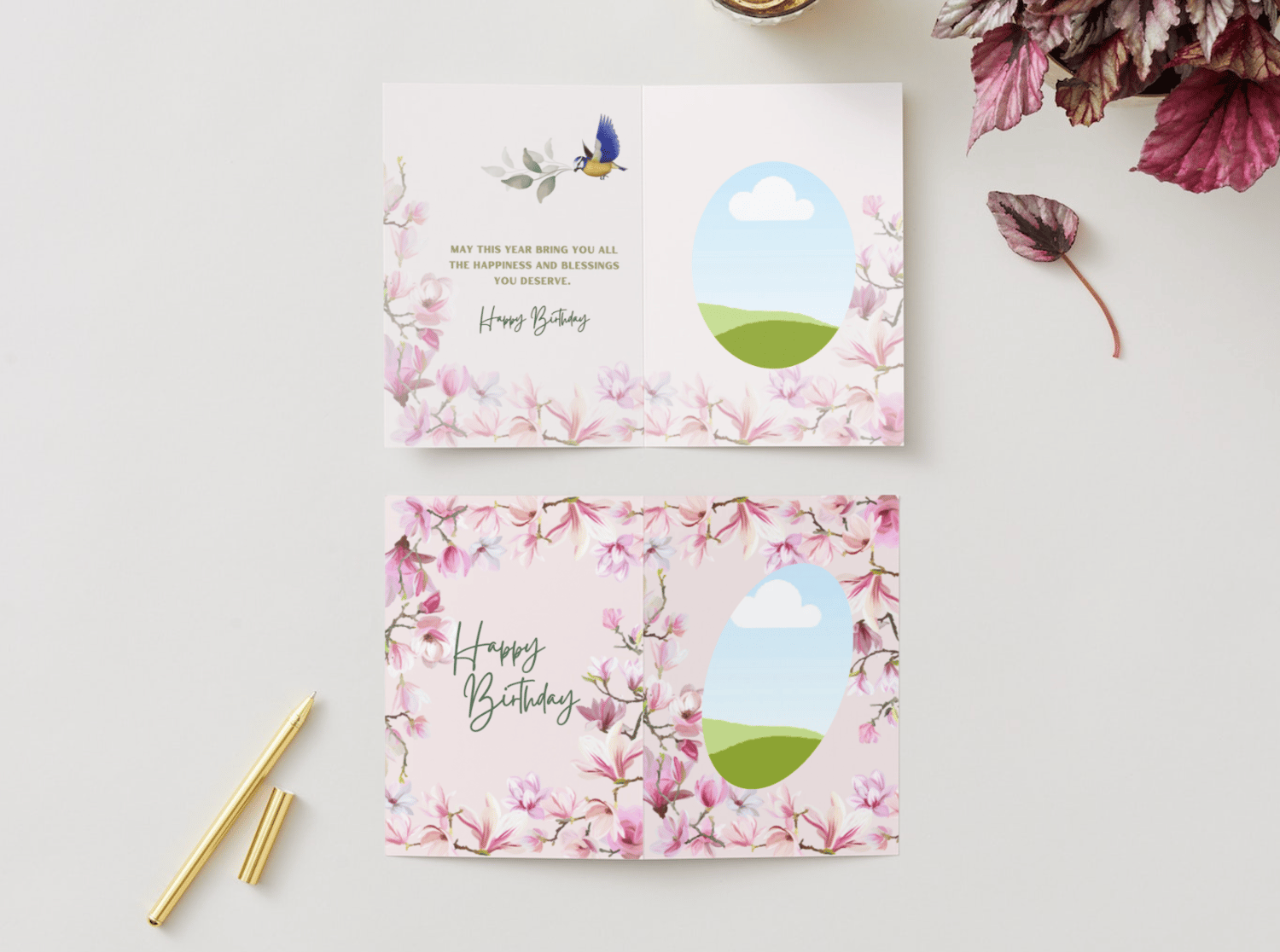 Pink Magnolia Flower Special Occasions Bundle - 8 Editable Canva Templates for Weddings, Engagements, and More. Mock folded card