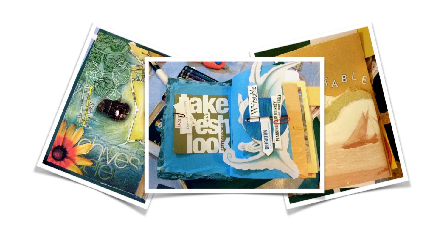 Fan array of colourful sketchbook collages - illustration from Ebook on how to Develop a Body of Work by C.Jeffs.