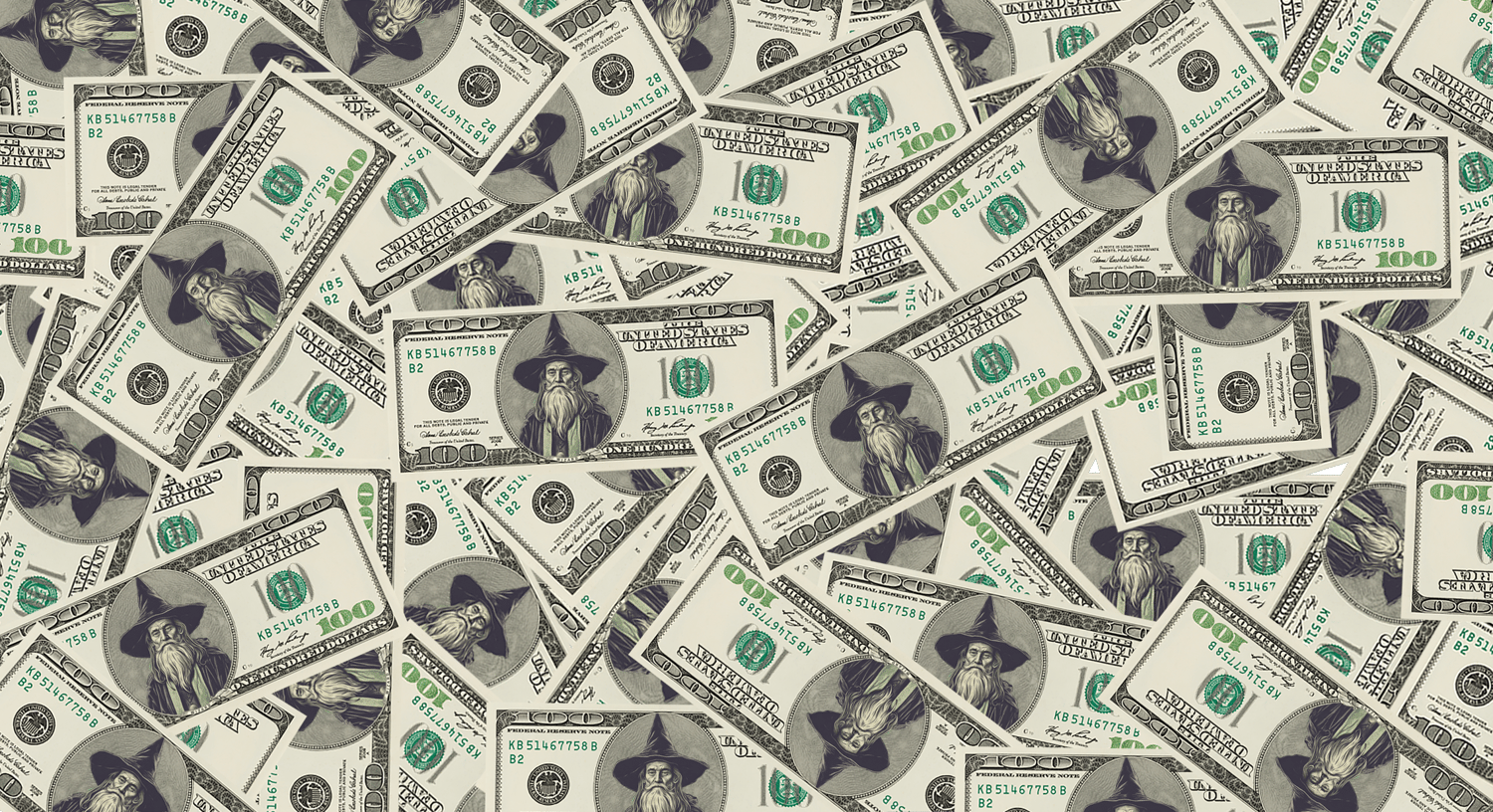 Scattered hundred dollar bills with Personal Finance Wizards logo — representing building wealth through smart investing and personal finance education