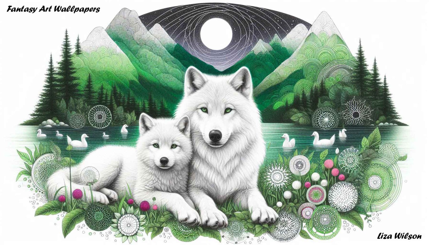 wolves, animals, wolf, Spirograph patterned white wolves, green patterned hills, night, humming birds, flowers, full moon, Spirograph patterned, poppies, wolf wallpapers,