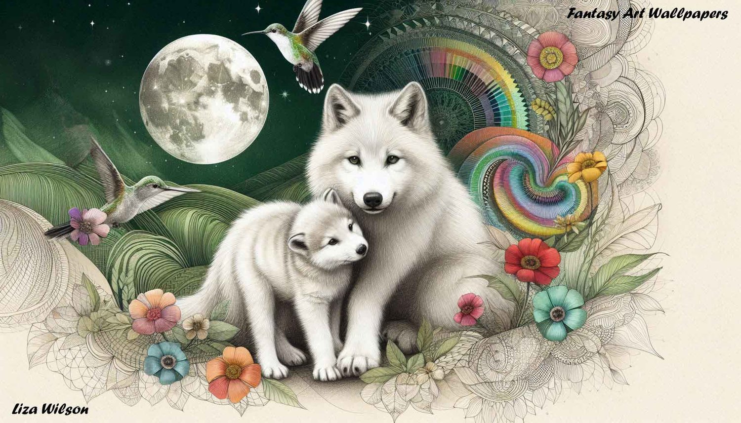 wolves, animals, wolf, Spirograph patterned white wolves, green patterned hills, night, humming birds, flowers, full moon, Spirograph patterned, poppies, wolf wallpapers,