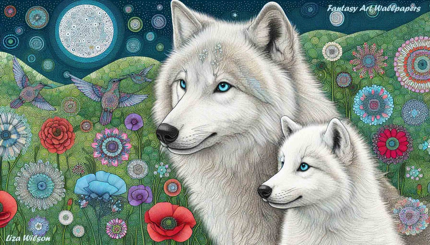wolves, animals, wolf, Spirograph patterned white wolves, green patterned hills, night, humming birds, flowers, full moon,  Spirograph patterned, poppies, wolf wallpapers,