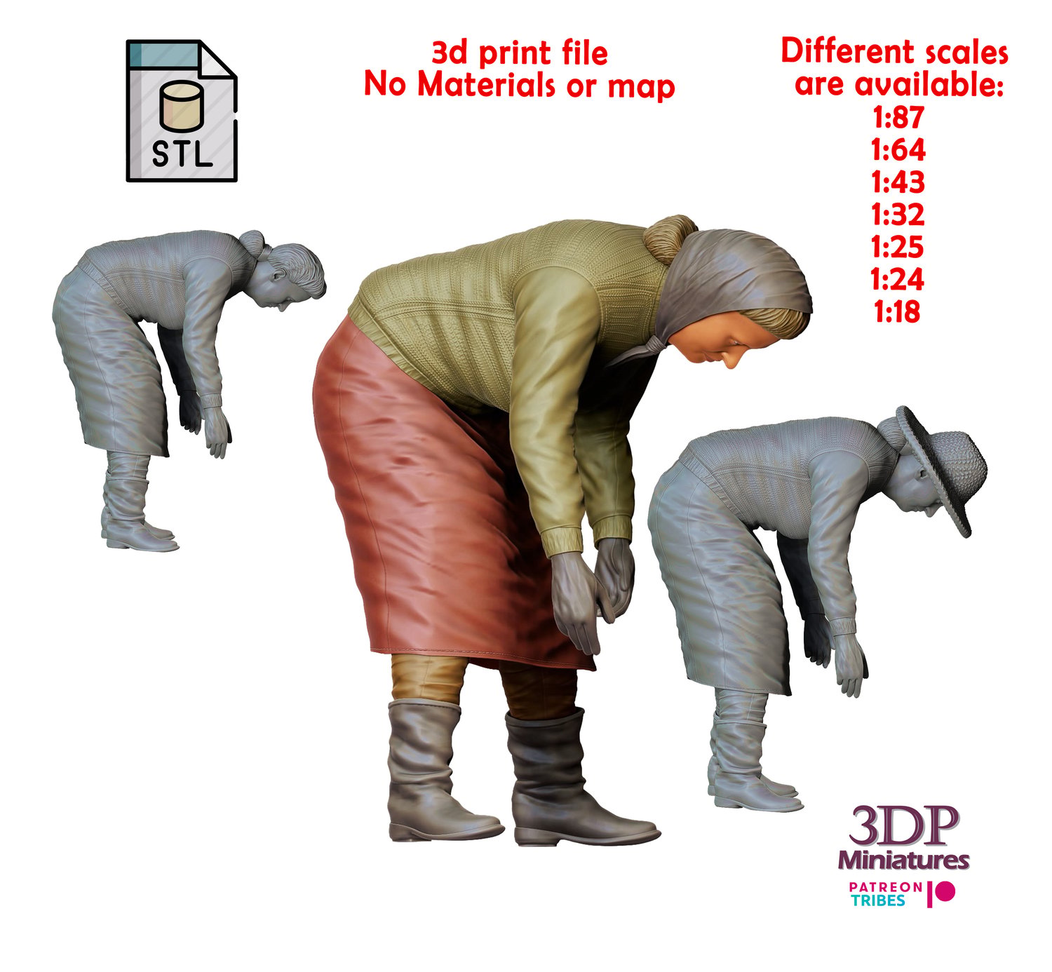 3dp miniatures or minis Farmers woman bend over harvesting  3d print file