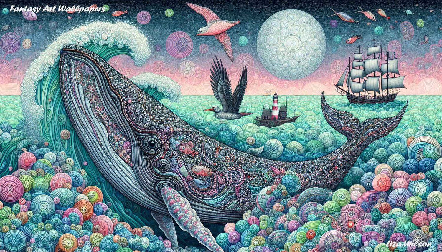 Whale, whales, Spirograph whales, leaping whales, curly waves, full moon, pirate ships, fish, seagulls, Spirograph patterned, patterned whales
