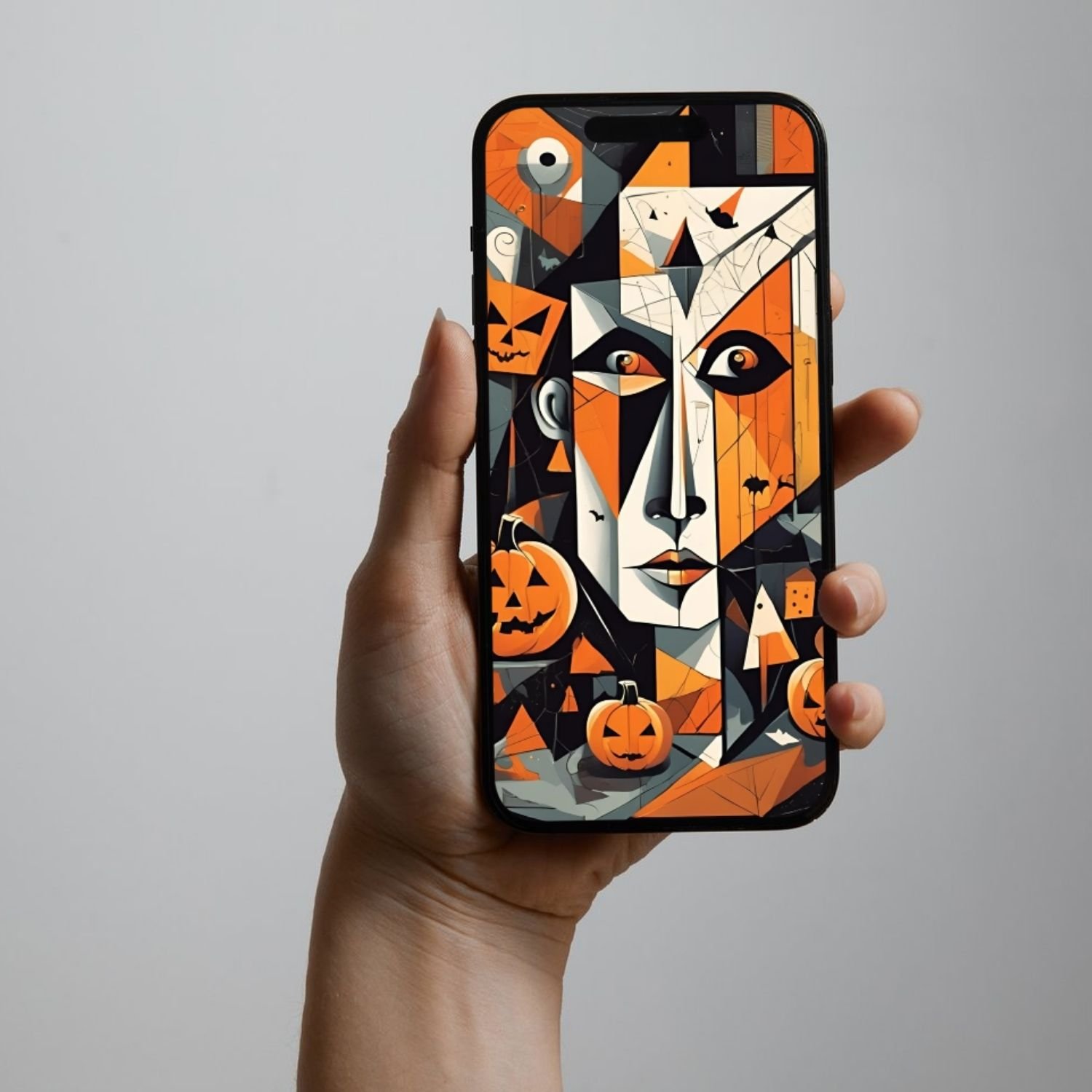Pumpkim face cubist wallart Hallowwen deco. Wallpaper for cellphones and card party invitation.