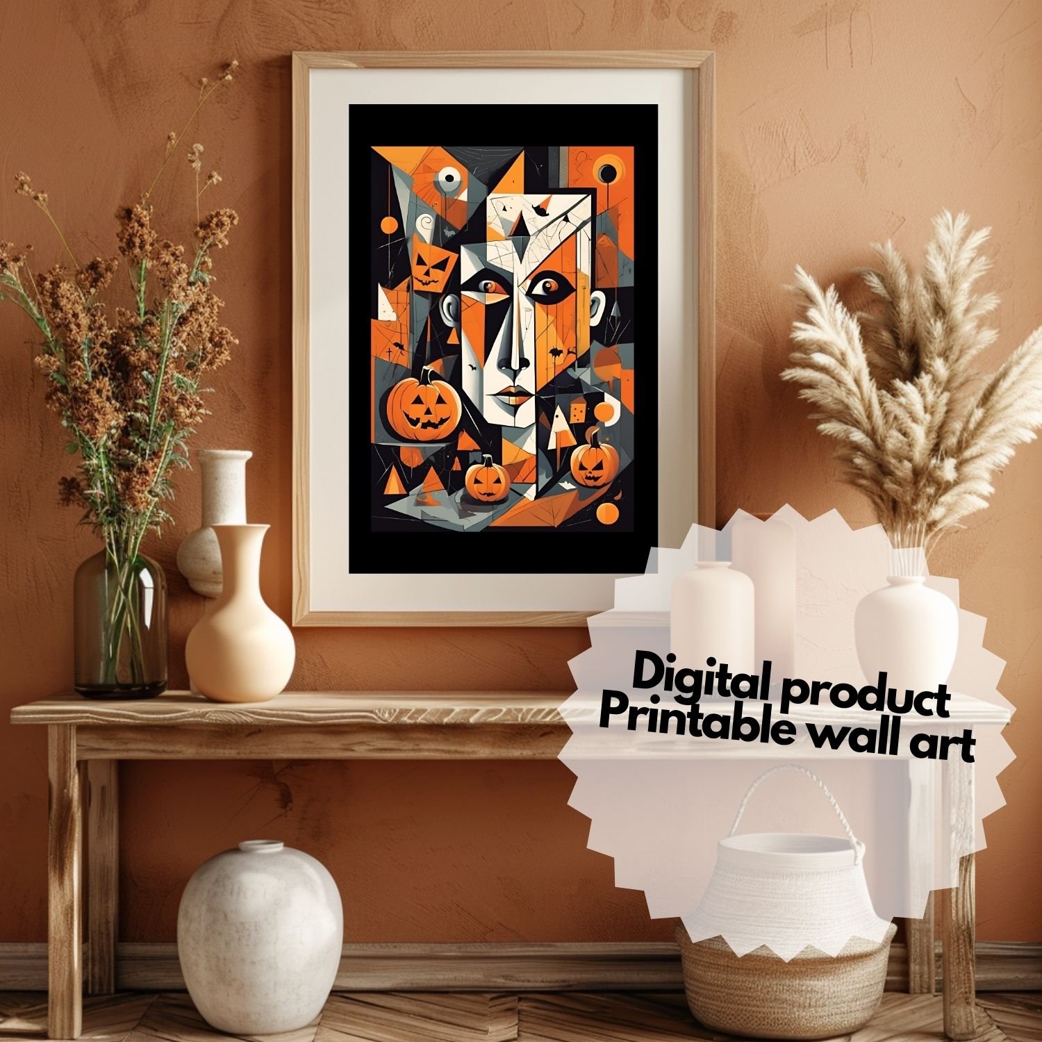 Pumpkim face cubist wallart Hallowwen deco. Wallpaper for cellphones and card party invitation.