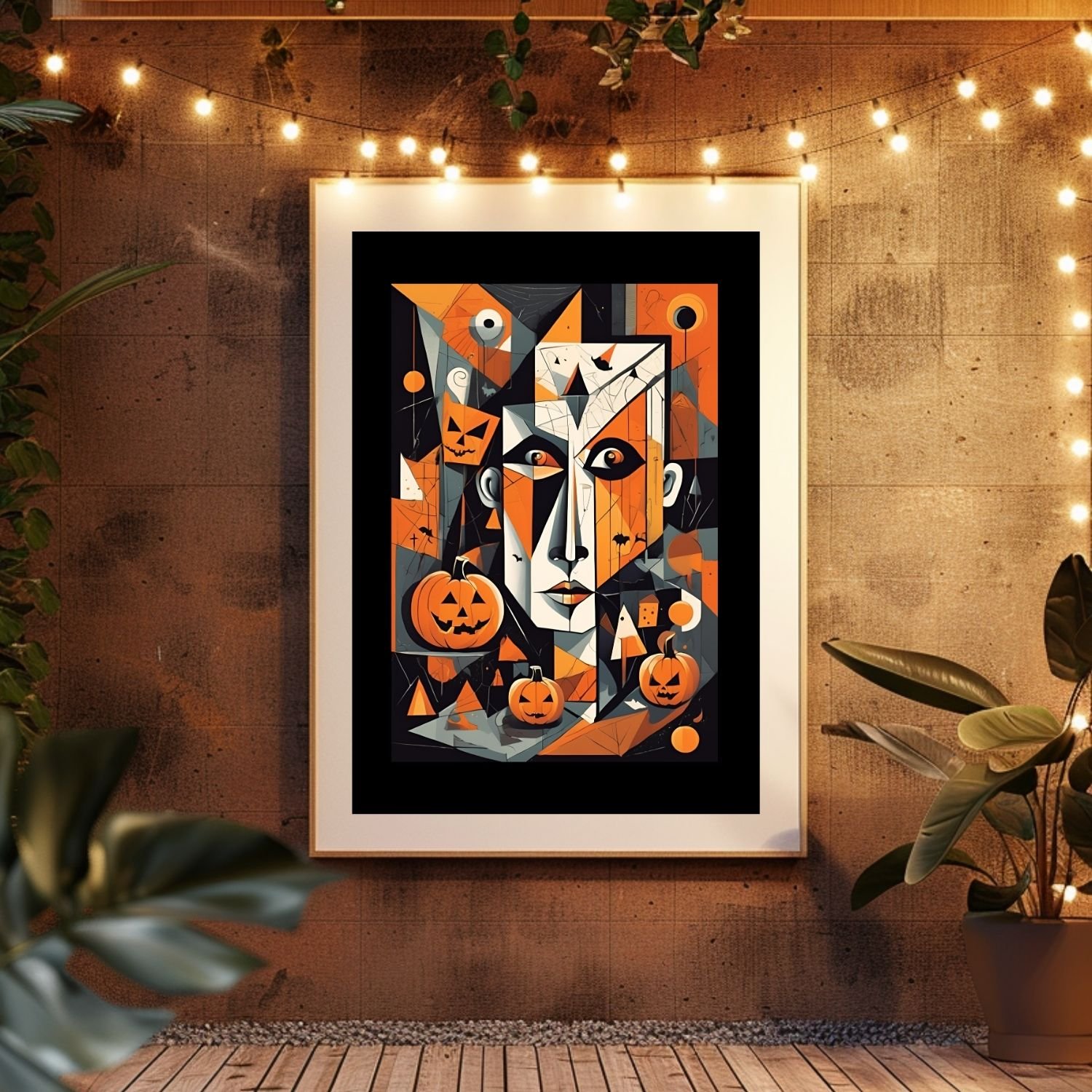 Pumpkim face cubist wallart Hallowwen deco. Wallpaper for cellphones and card party invitation.