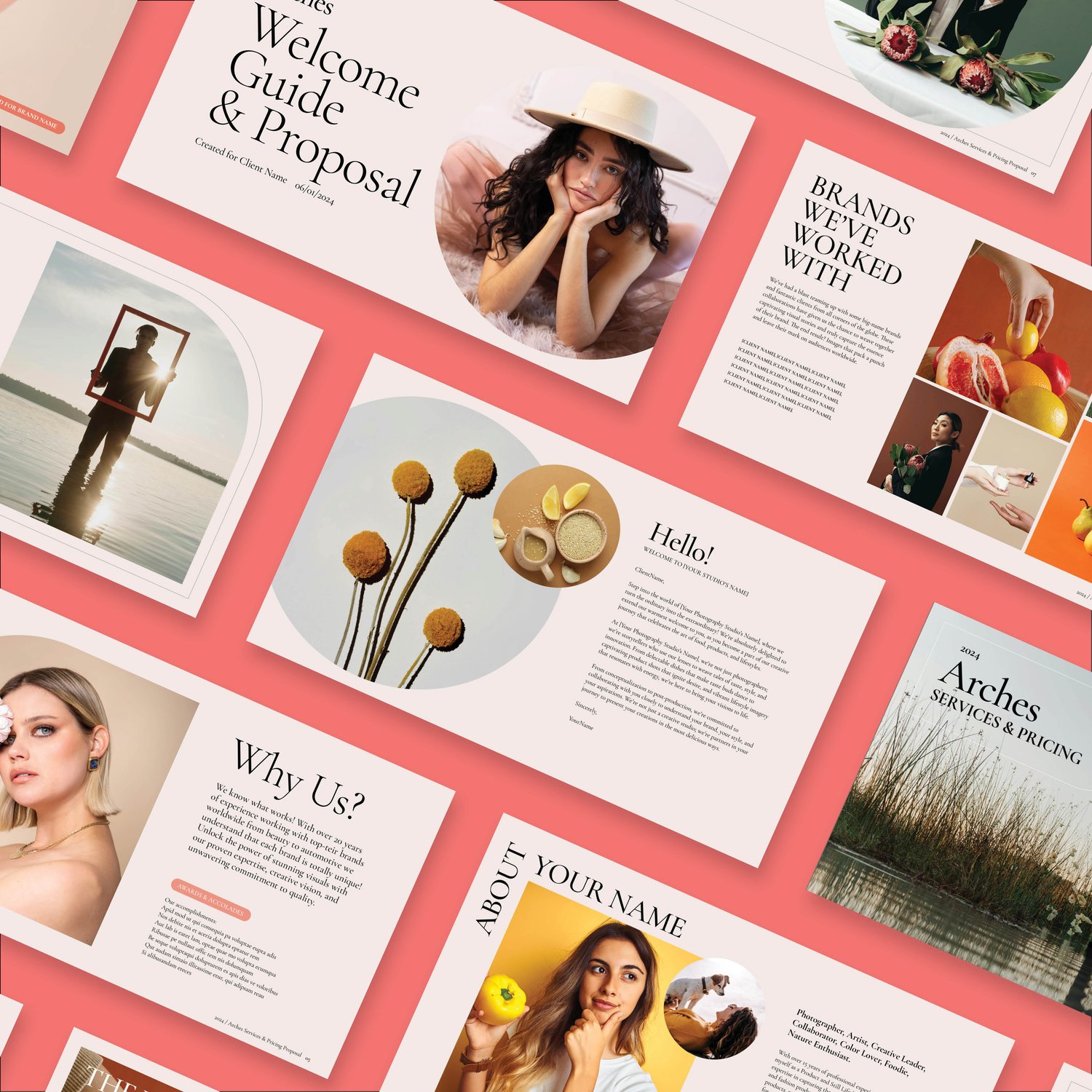 A collection of various printed materials and photos laid out on a pink background. These include images of people, floral arrangements, text about proposals and brands, and photos of nature scenes. The layout appears organized and visually appealing.