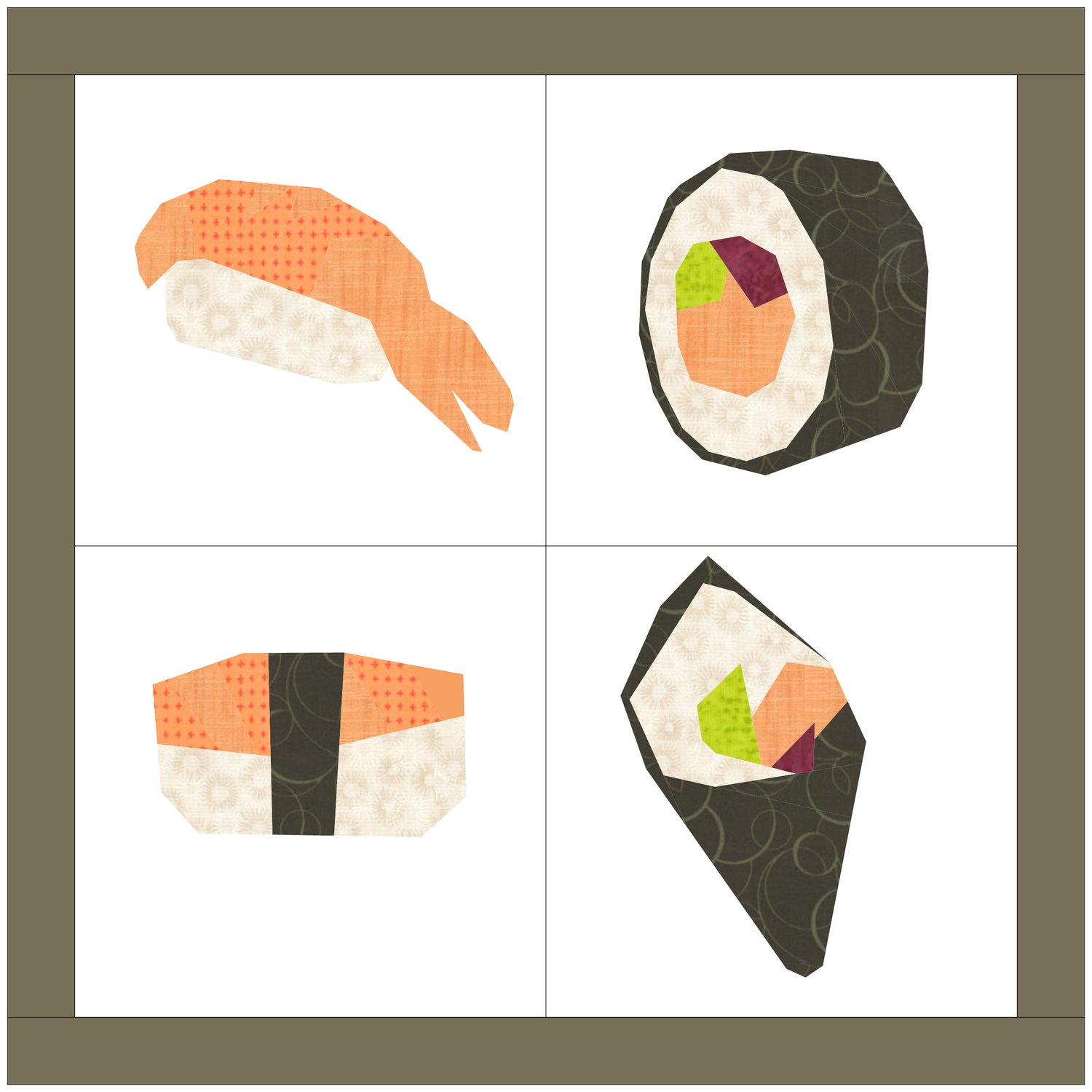 Sushi Mini Quilt Pattern with four paper pieced quilt blocks.