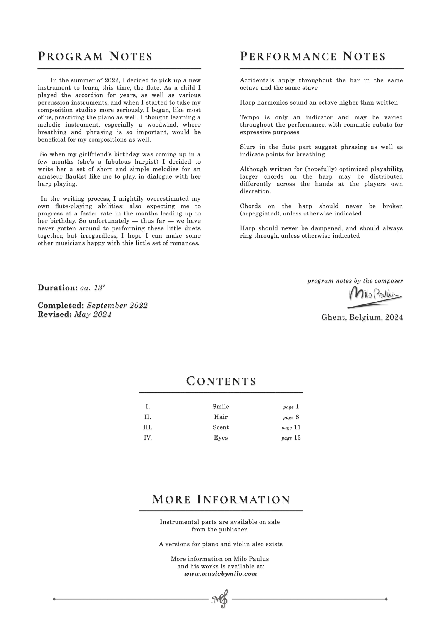 four romances score page cover program notes