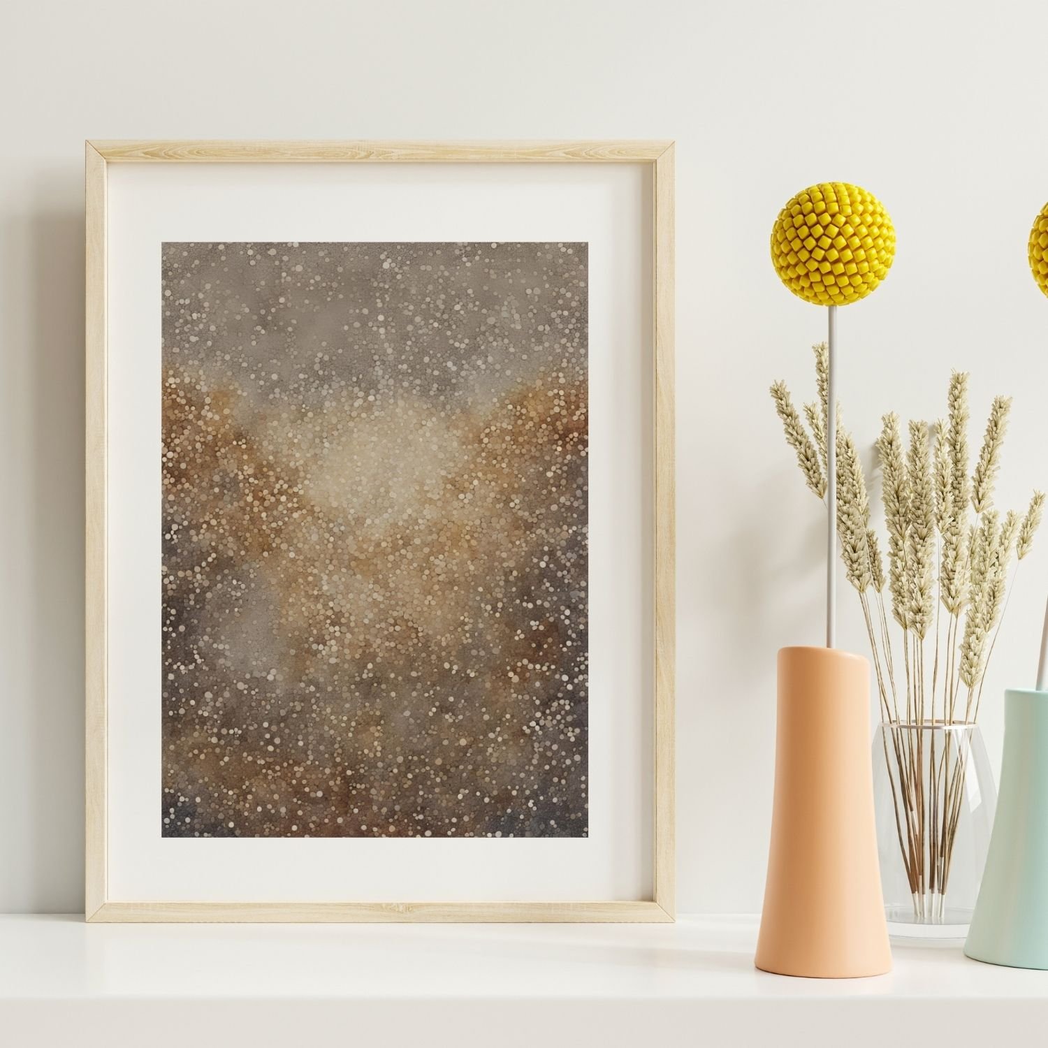Abstract wall art, brown and gold dots form a work of art to print and decorate your wall.