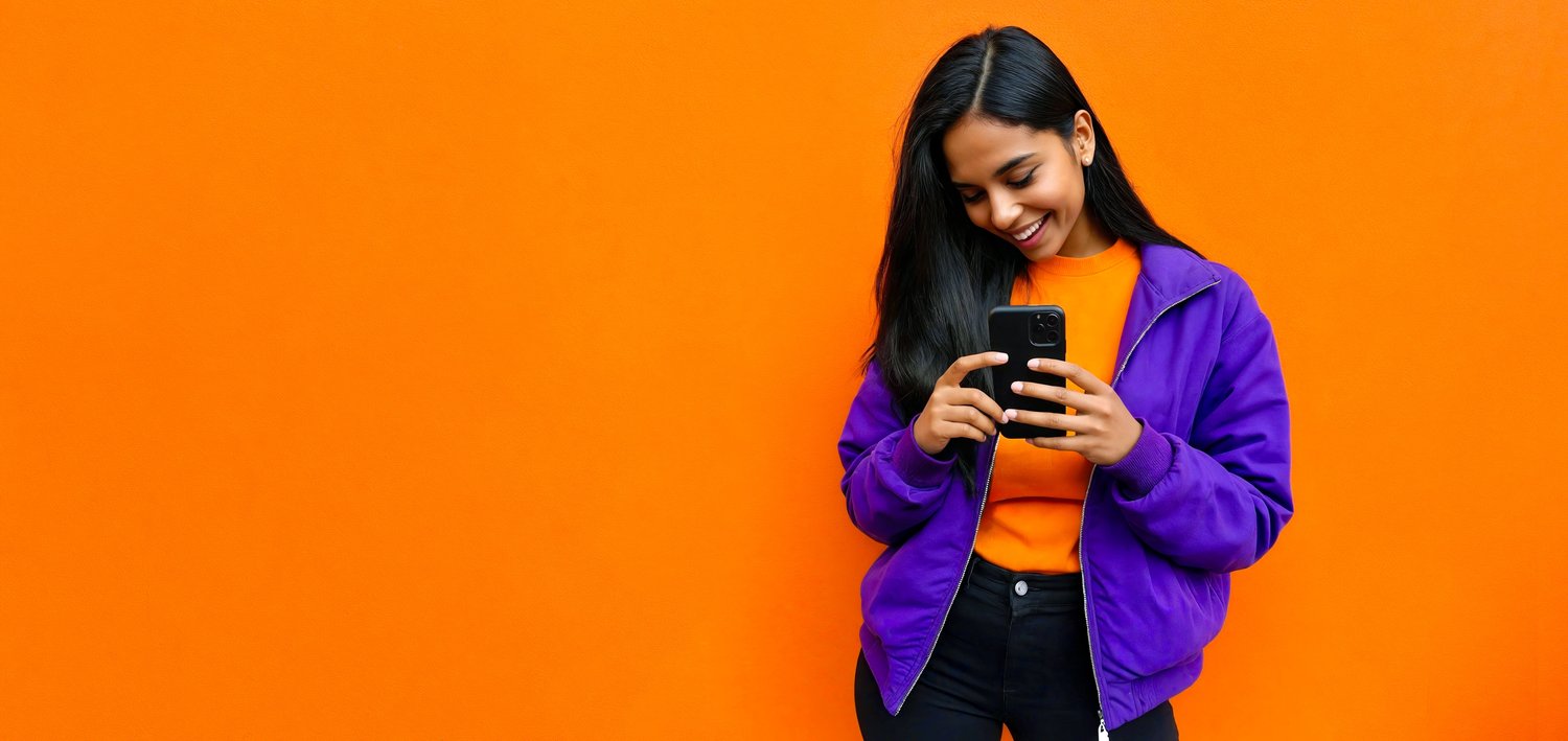 -indian-american-female-wearing-purple-jacket-looking-at-phone-on-orange-backdrop