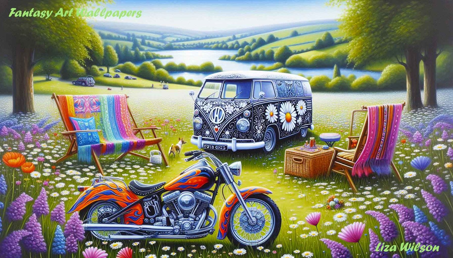 Hippie campervans, wild flowers, lush green fields, trees, sheep,  sun setting,  harleys, harley davidson, daisies, campervan wallpapers, hippie wallpapers