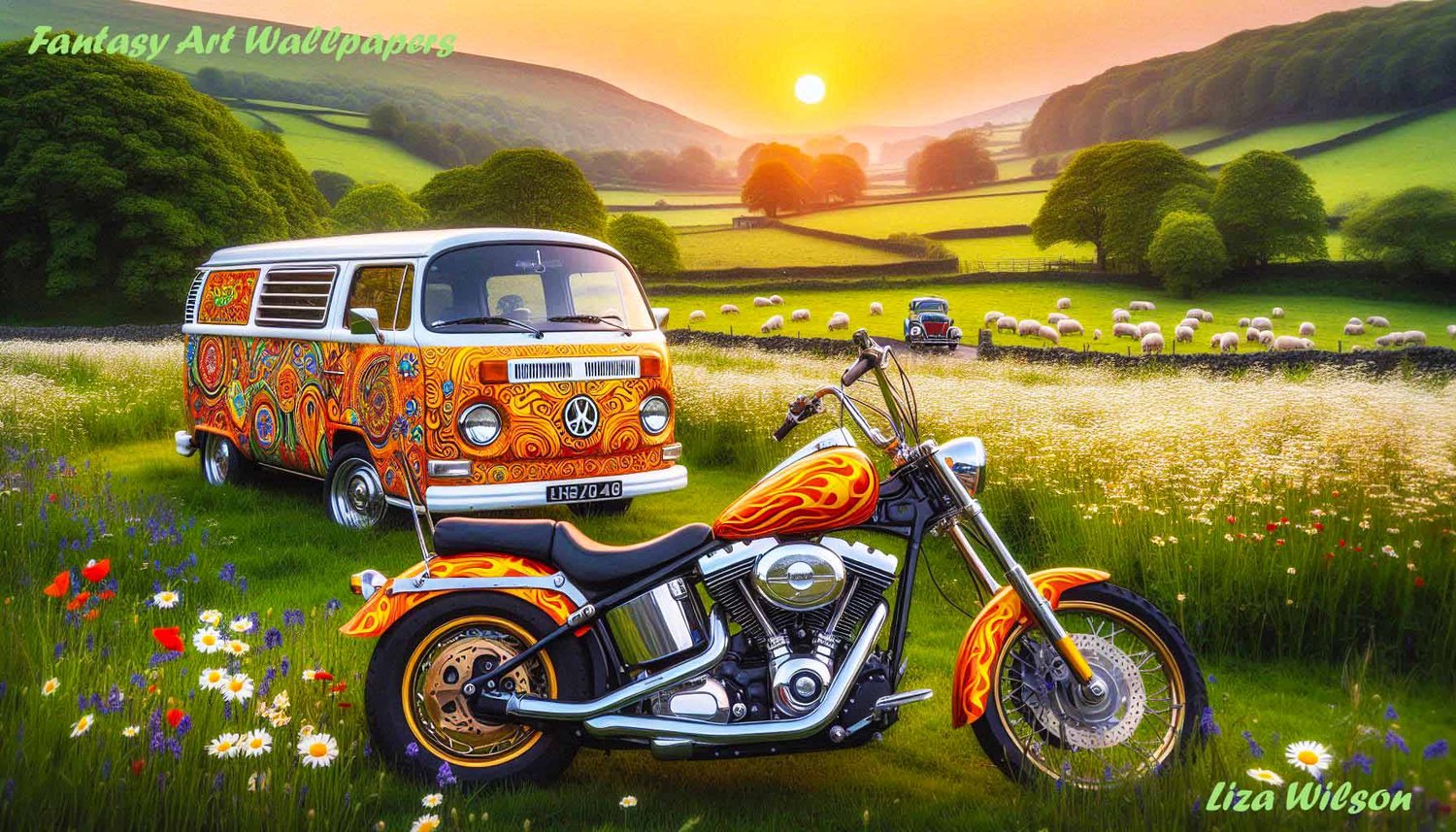 Hippie campervans, wild flowers, lush green fields, trees, sheep,  sun setting,  harleys, harley davidson, daisies, campervan wallpapers, hippie wallpapers