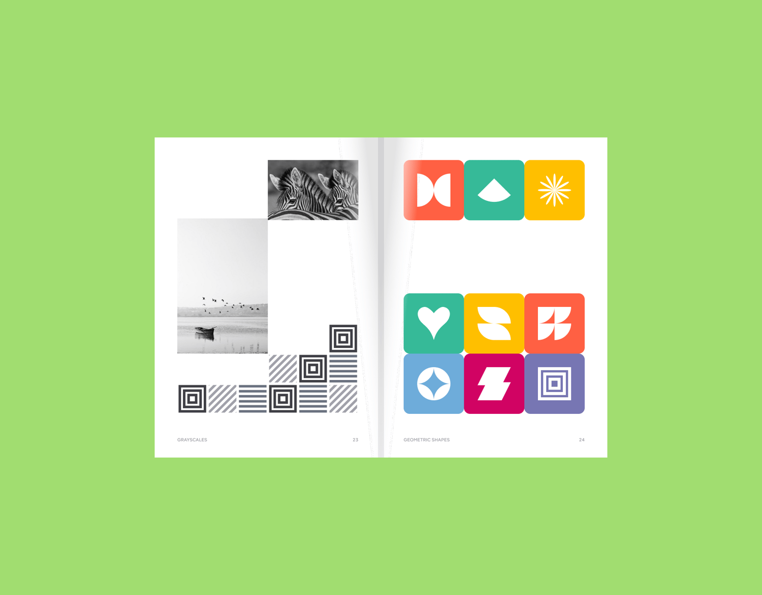 Image of book design. On the left showing grayscale picture with a grayscale geometric patterns. On the right, showing geometric shapes in retro vintage colors