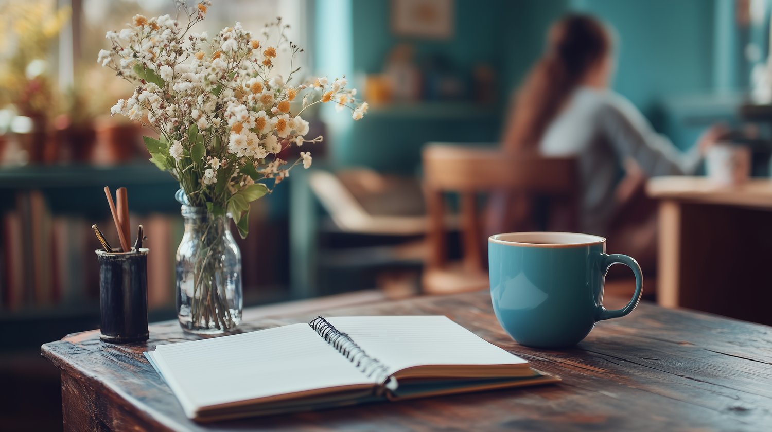 A bright, well-organized teacher's desk in a cozy classroom