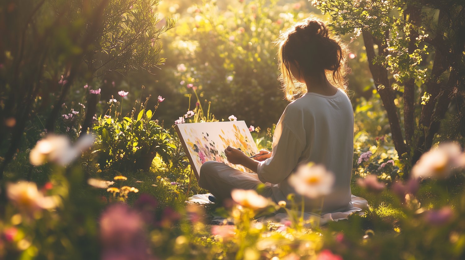 a teacher sitting and painting in a garden