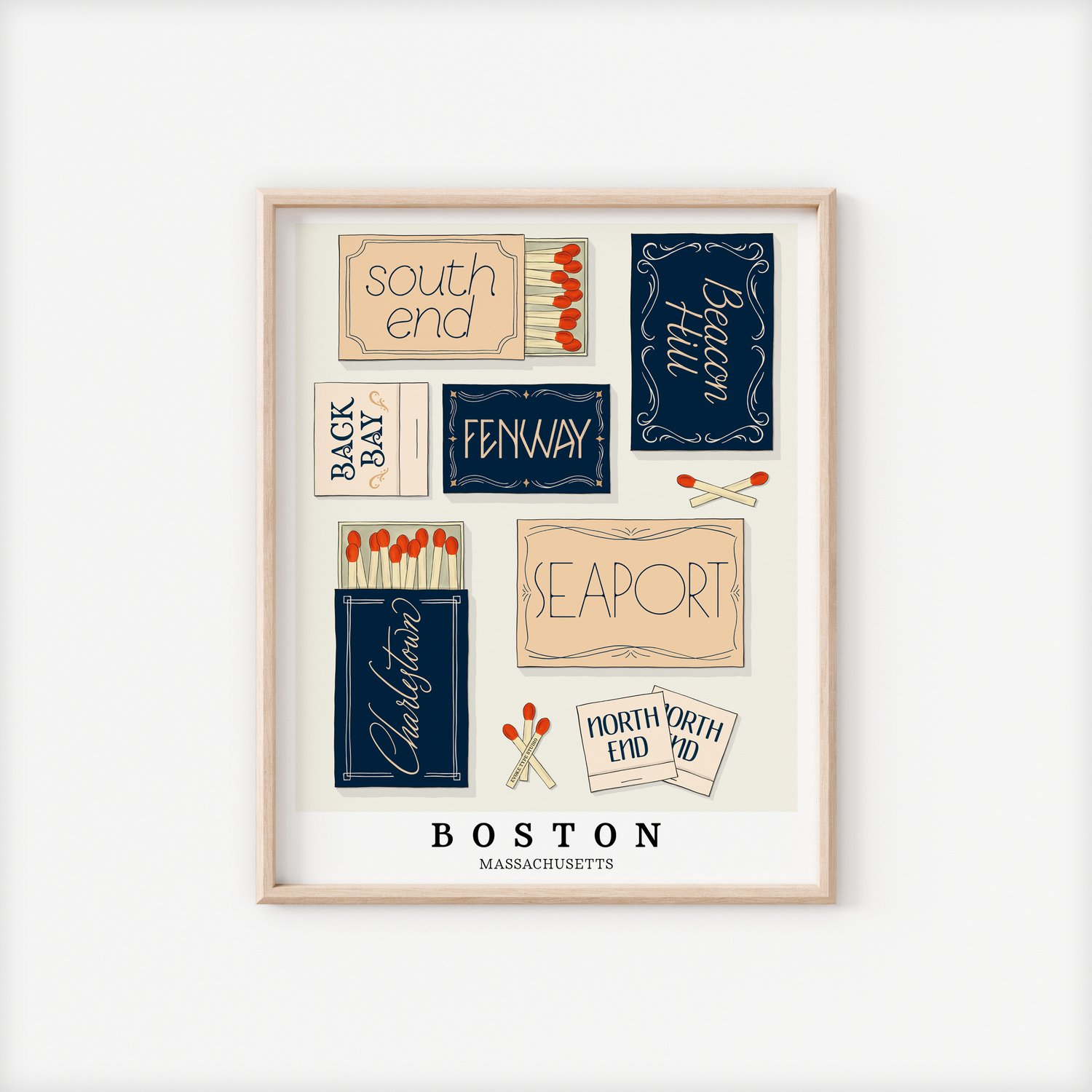 A framed picture of Boston, Massachusetts neighborhoods drawn in various lettering styles on matchboxes. Artwork has a nautical color scheme of blue, beige and light brown.