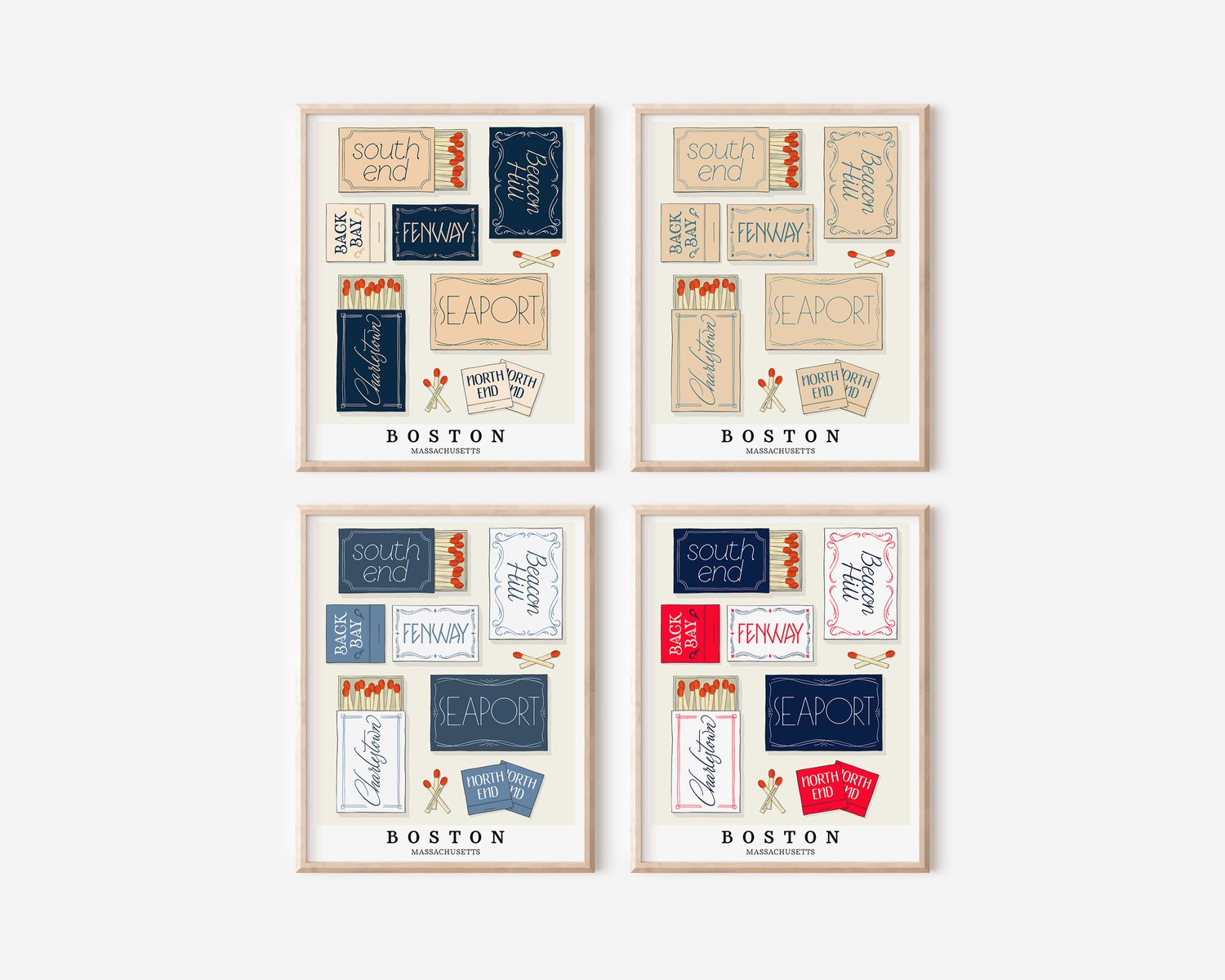 A group of 4 framed pictures that feature neighborhoods in the Boston, Massachusetts area