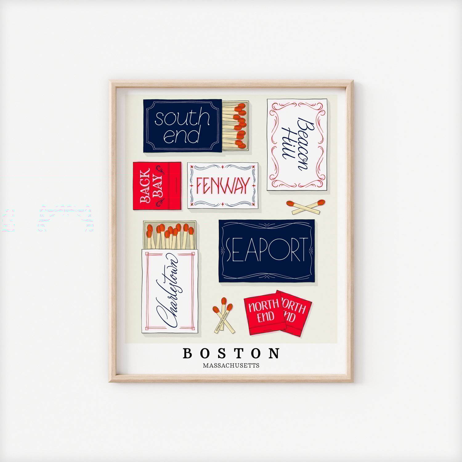 A framed picture of Boston, Massachusetts neighborhoods drawn in various lettering styles on matchboxes. Artwork has a patriotic color scheme of red, white and blue.