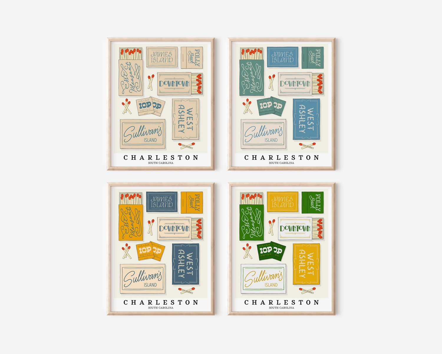 A group of 4 framed pictures that feature neighborhoods in the Charleston, South Carolina area