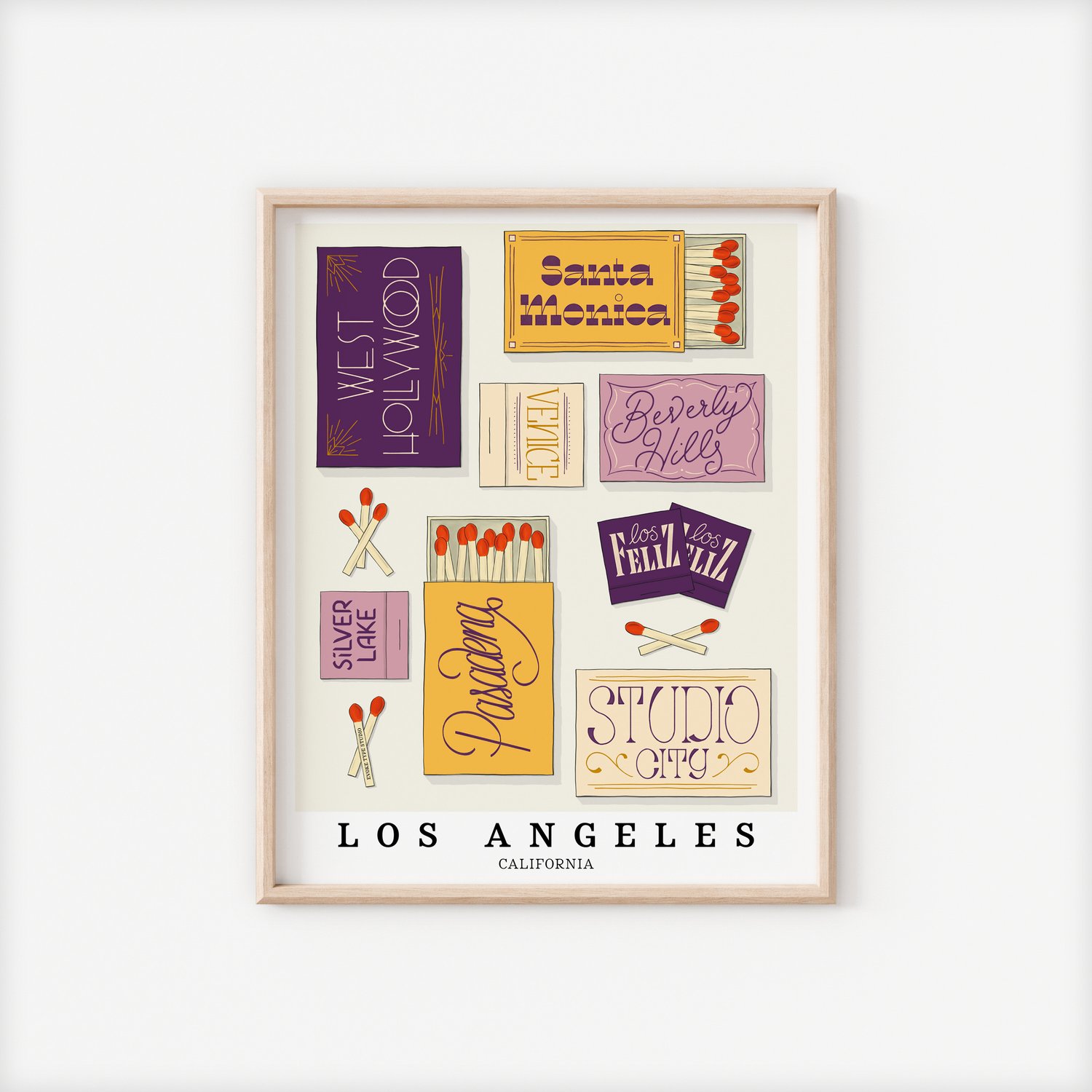A framed picture of Los Angeles, California neighborhoods drawn in various lettering styles on matchboxes. Artwork has a purple and yellow color scheme.